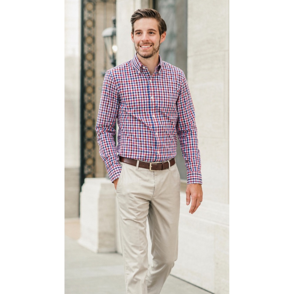 Bonobos Tailored Slim Fit Plaid Cotton Button Down Shirt Long Sleev Blue Red L